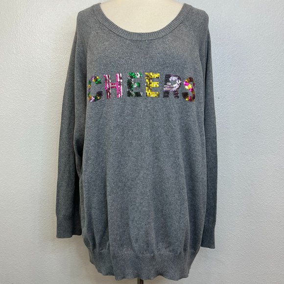 NWT Torrid Gray Cheers Sequin Raglan Sleeve Pullover Sweater Womens Size 4/26 - Picture 2 of 8